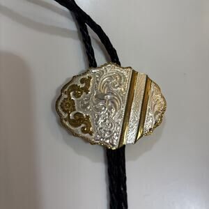 Crumrine MFG. Vintage Bolo Tie Silver Brass Black Tone Made in USA Western